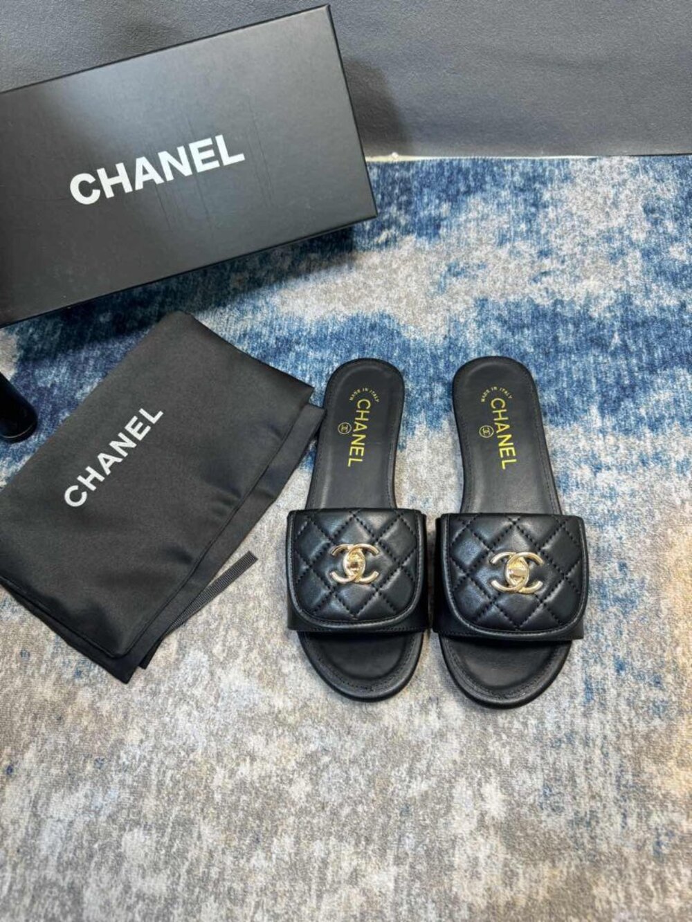 Chanel Black Quilted Leather Slide Sandals